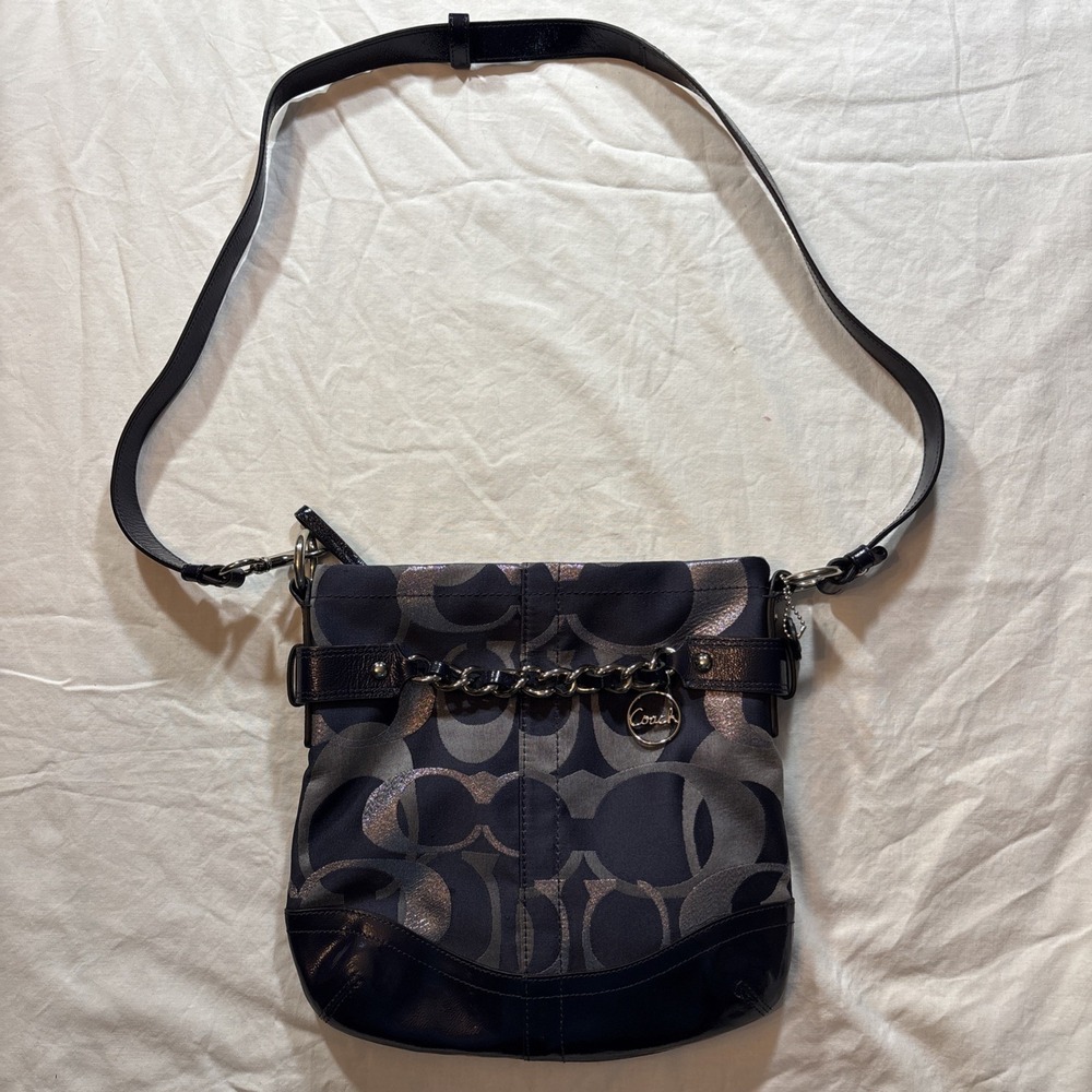 Coach 19820 Medium Navy Blue Silver Optic Signature Chain Bucket Handbag Purse